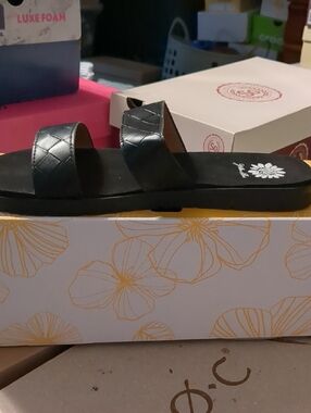 Yellow Box Black Double-Strap Slide Sandals